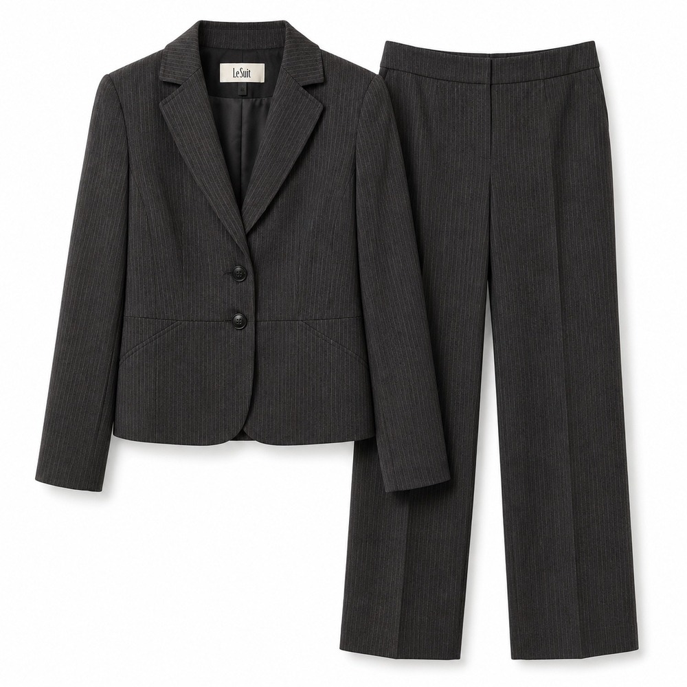 Le Suit Womens 2 Piece Pinstripe Pant Suit Charcoal Gray Blazer Trousers Size 6